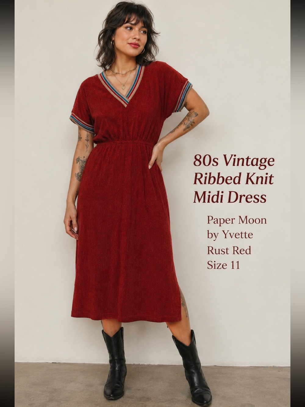 Paper Moon by Yvette vintage 70s 80s midi dress ribbed knit stripe rust red 11